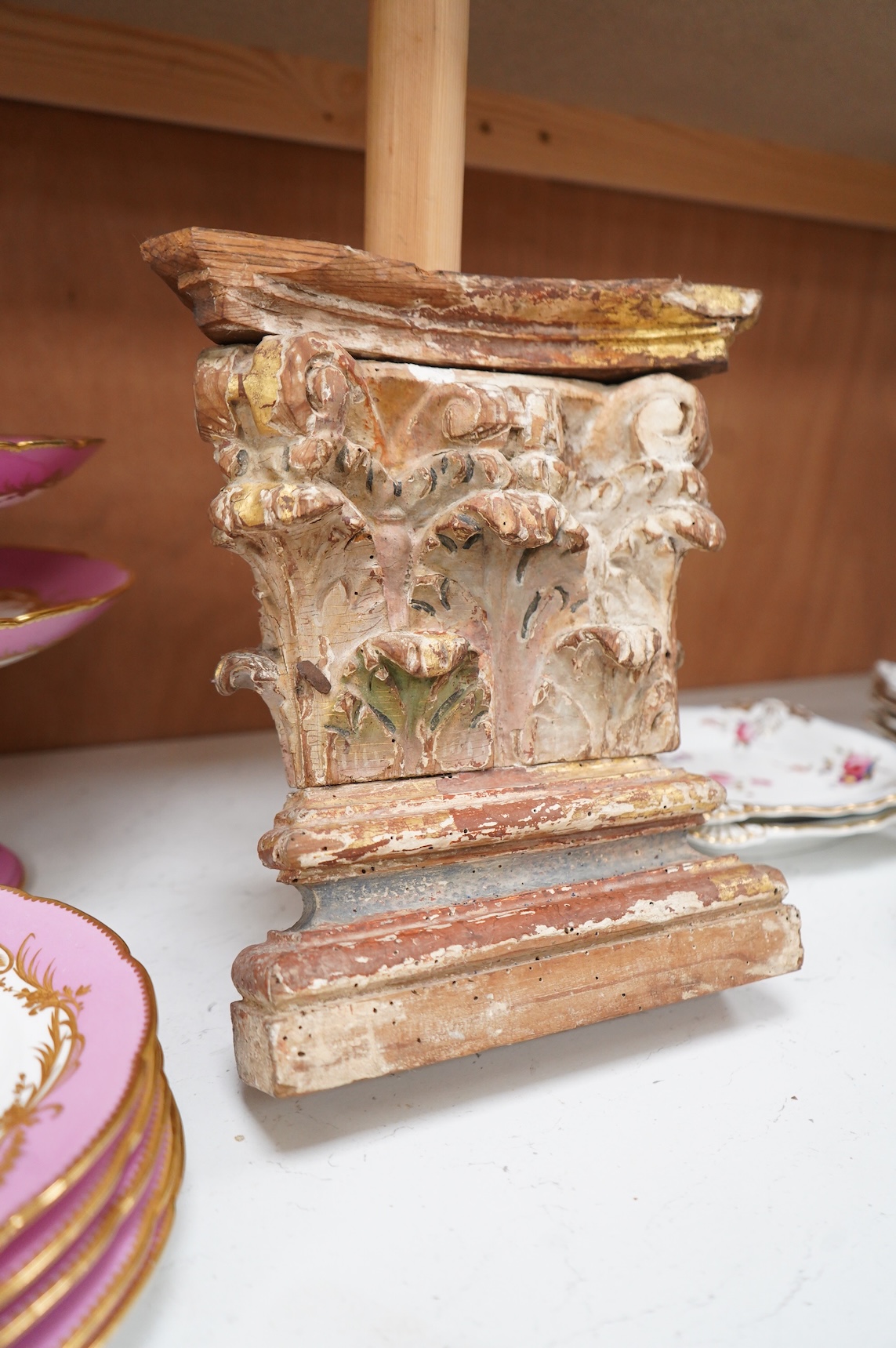 An antique architectural giltwood Corinthian capital for a pilaster, 28cm high